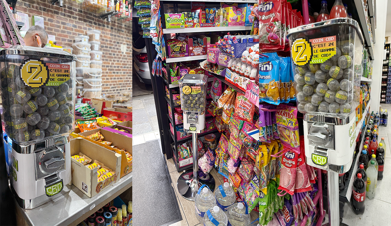 Distributeur de capsules COIN CBD installé dans une boutique, attirant l’attention des clients